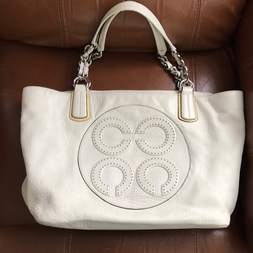 Coach White Leather Tote with Chain Handles